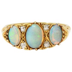 Victorian Opal Diamond 18 Karat Yellow Gold Antique Three Stone Band Ring