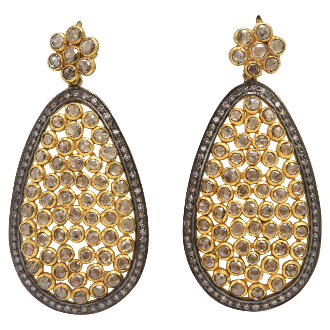 Large Diamond Flower with Dangling Diamond Teardrop Silver and Gold Earrings For Sale