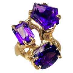 14K Yellow Gold Asymmetrical 3 Stone Amethyst Gemstone Ring Size 8.75