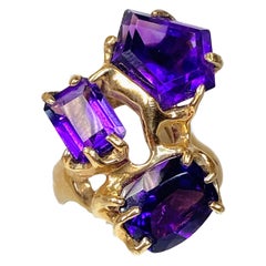 14K Gelbgold Asymmetrische 3 Stein Amethyst Edelstein Ring Größe 8,75