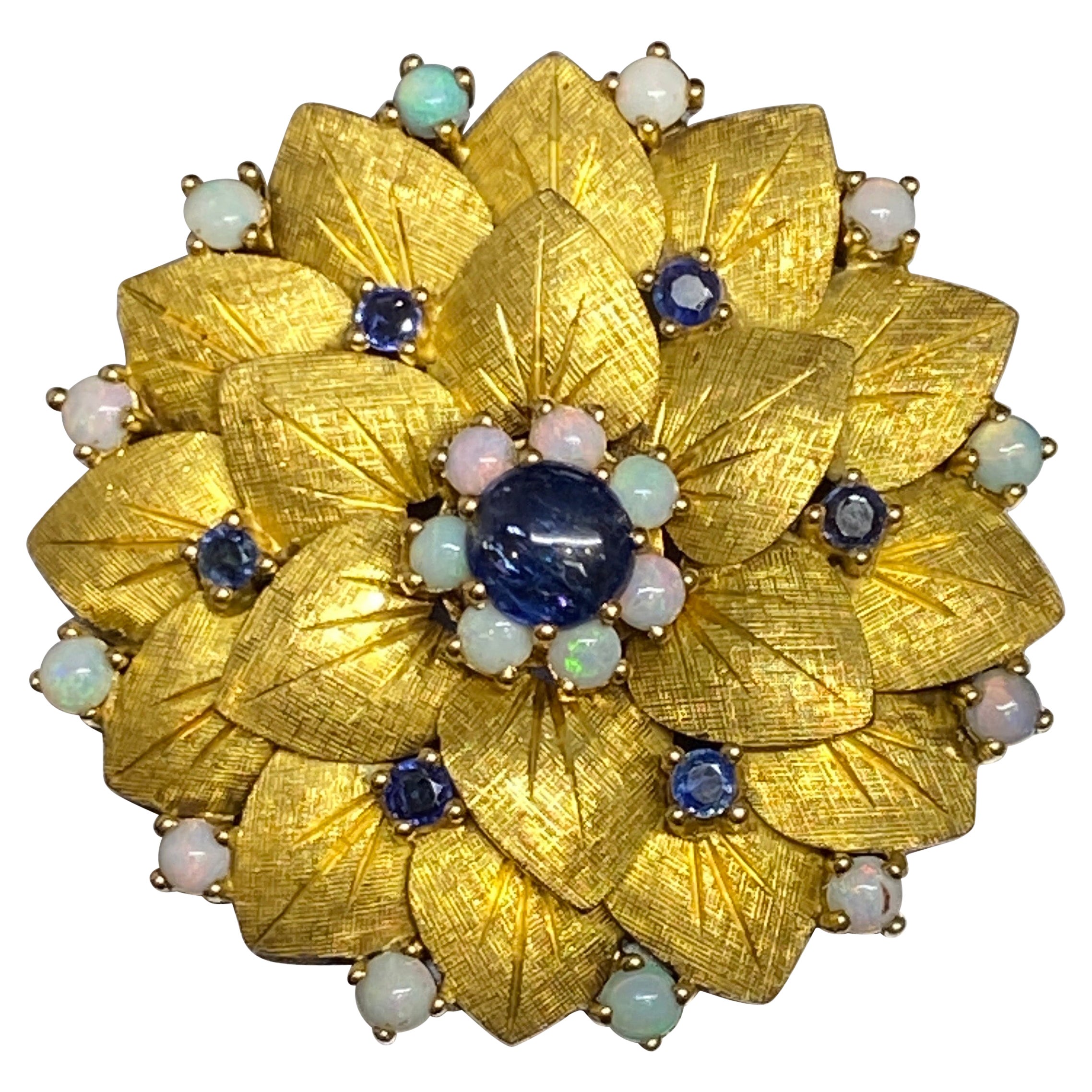 Blumenbrosche, 14 Karat Gelbgold, natürlicher blauer Saphir Cabochon & Opal