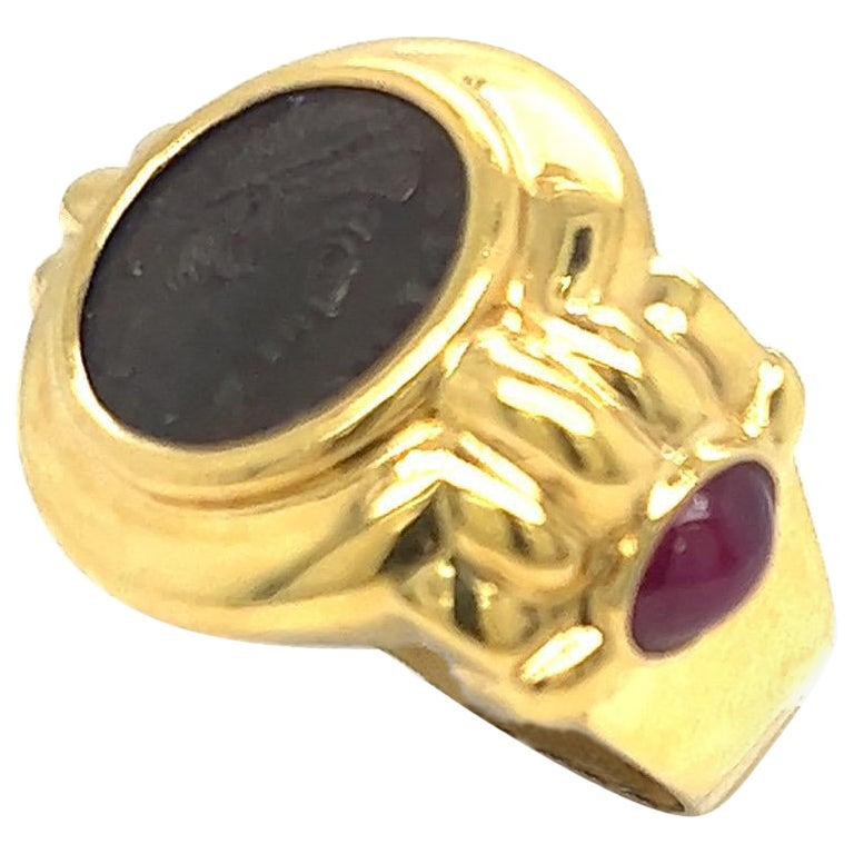 18KT Yellow Gold Ring with Indian Head Coin and  Cabochon Rubies For Sale