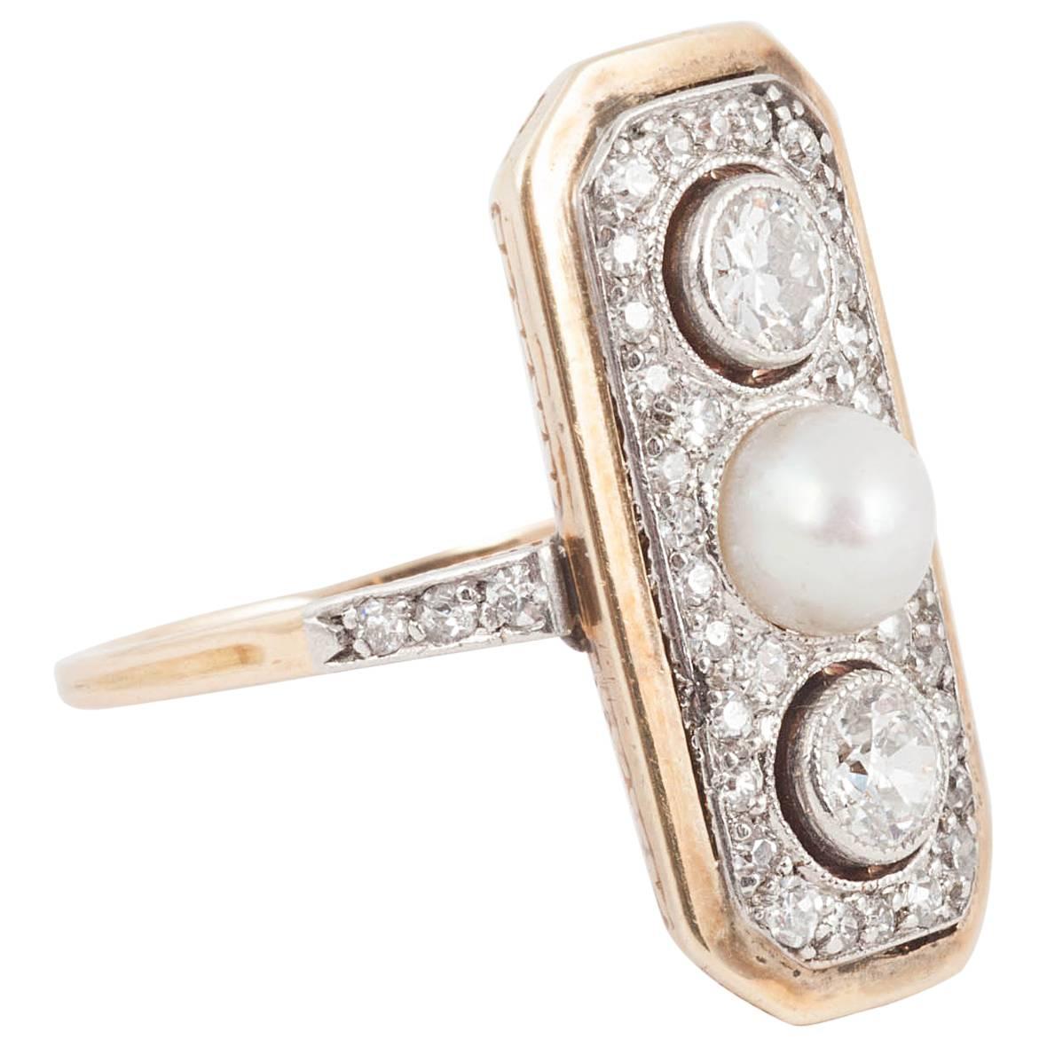 Edwardian Pearl and Diamomd Plaque ring For Sale