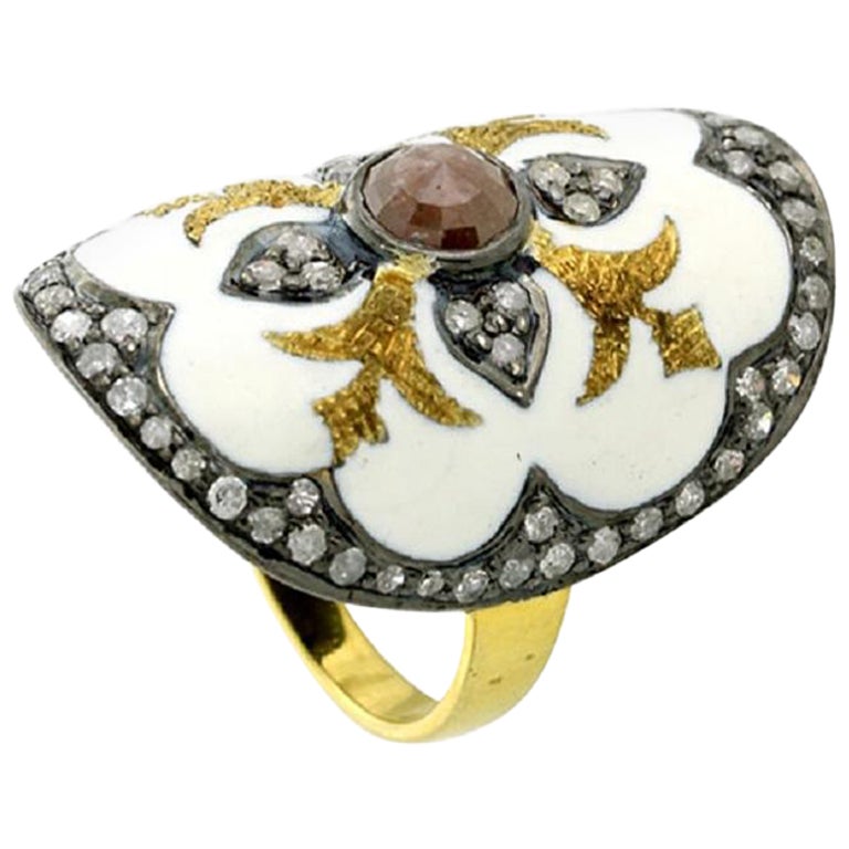 Pave Diamond Enamel Ring Made In 18k Yellow Gold & Silver For Sale