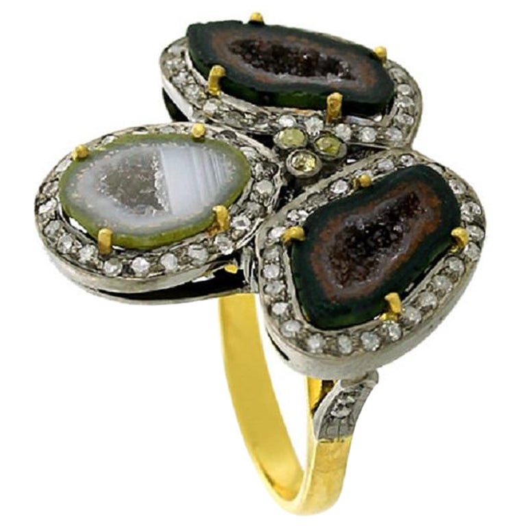 3 Stone Sliced Geode Ring With Pave Diamonds Made In 18k Yellow Gold & Silver For Sale