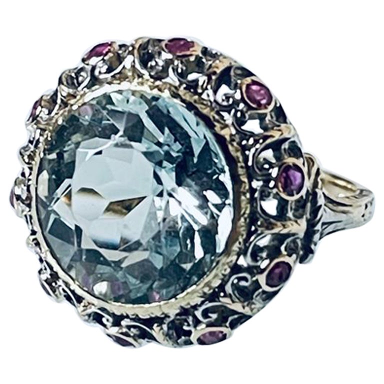 Art Nouveau Liberty Italian 18K Gold Silver Ruby Aquamarine Ring, C 1900         For Sale
