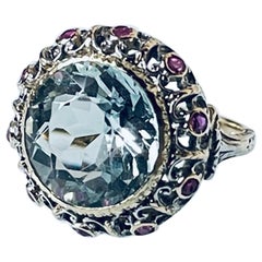 Art Nouveau Liberty Italian 18K Gold Silver Ruby Aquamarine Ring, C 1900        