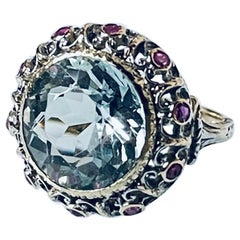 Antique Art Nouveau Liberty Italian 18K Gold Silver Ruby Aquamarine Ring, C 1900