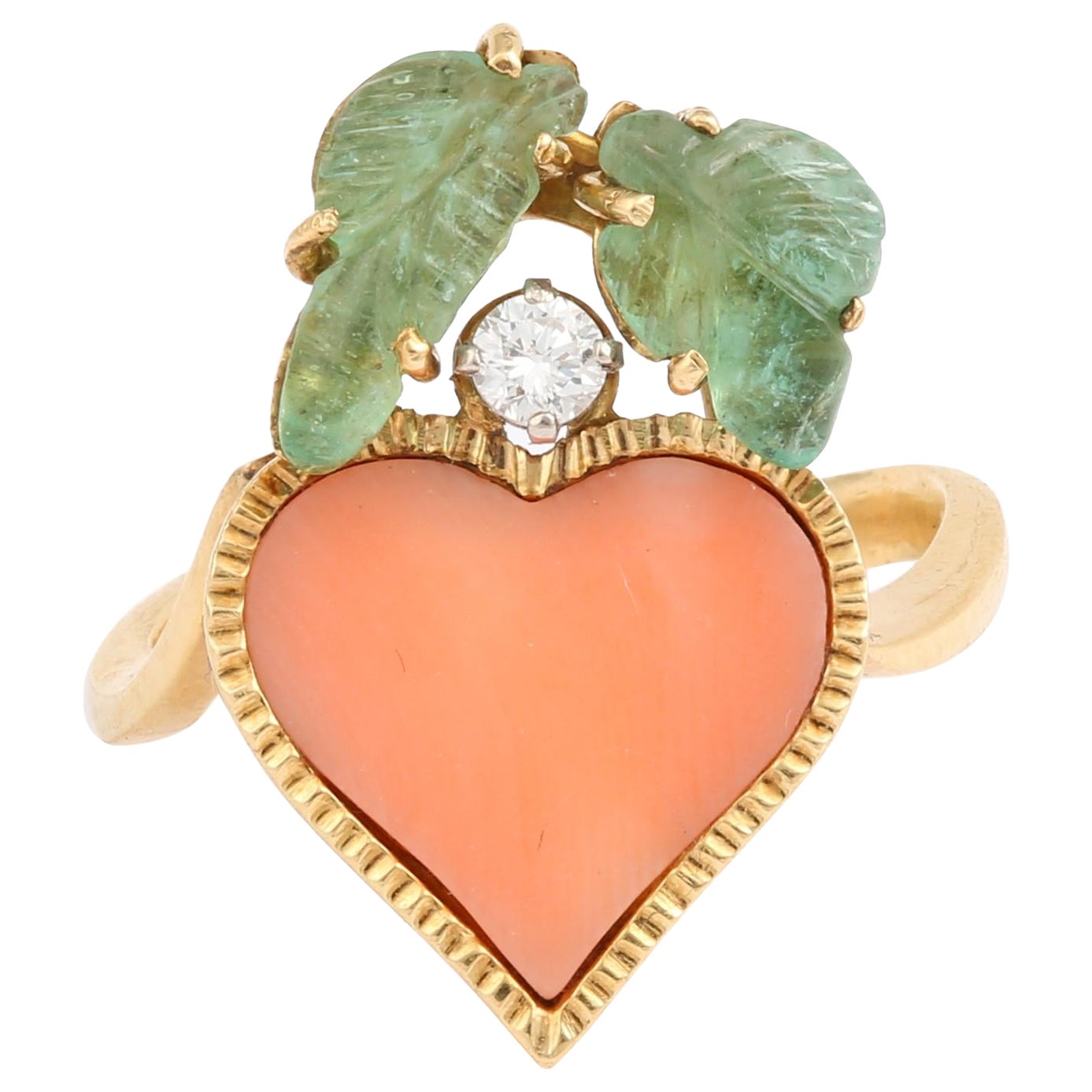 Coral Emeralds Diamonds 18 Carat Yellow Gold Heart Ring For Sale
