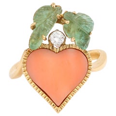 Retro Coral Emeralds Diamonds 18 Carat Yellow Gold Heart Ring