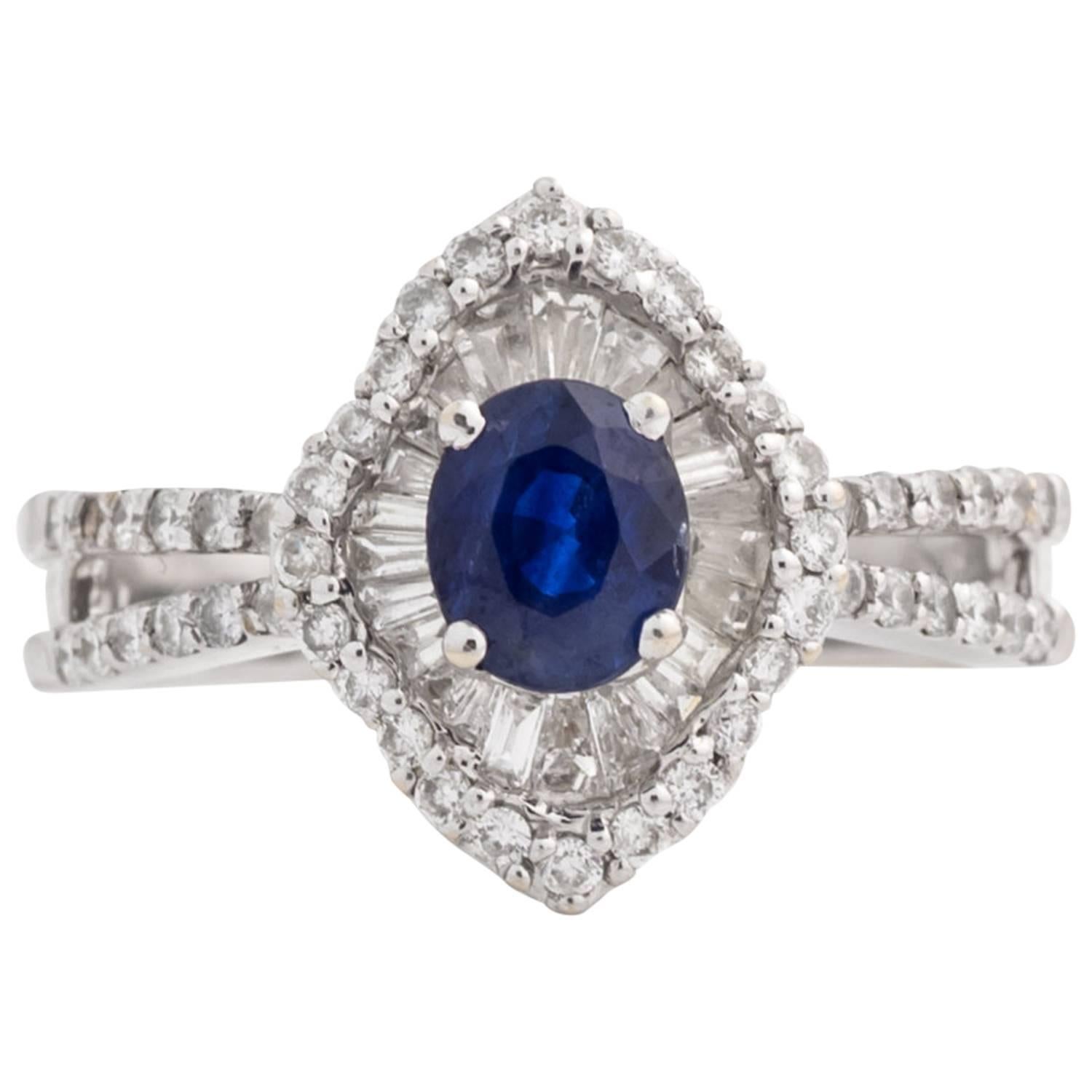 Blue Sapphire and Diamond 18 Karat White Gold Cluster Ring