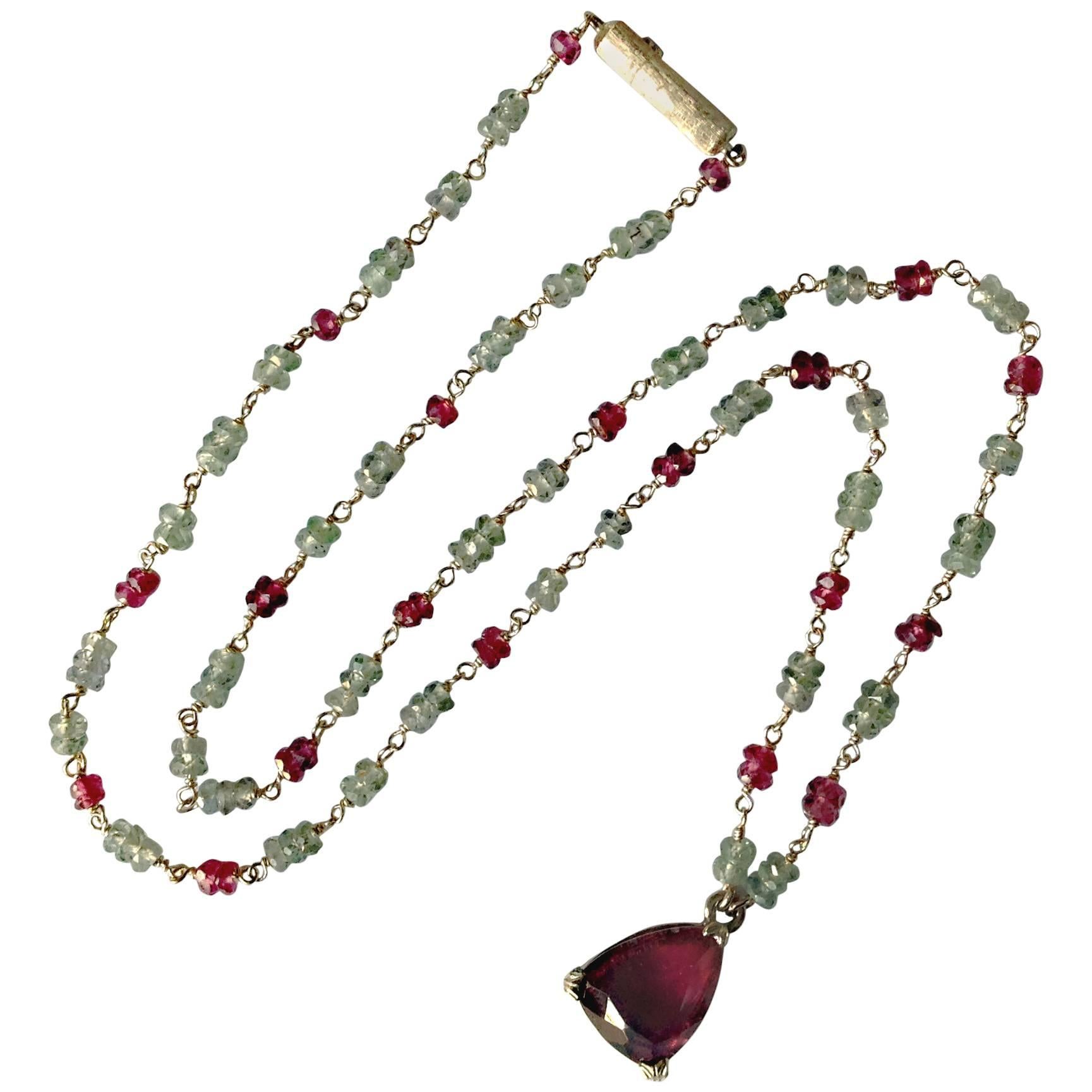 Dalben Red Tourmaline Sapphire Gold Rosary Necklace