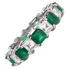 Vintage  Asscher Diamond Emerald Platinum Eternity Band Ring