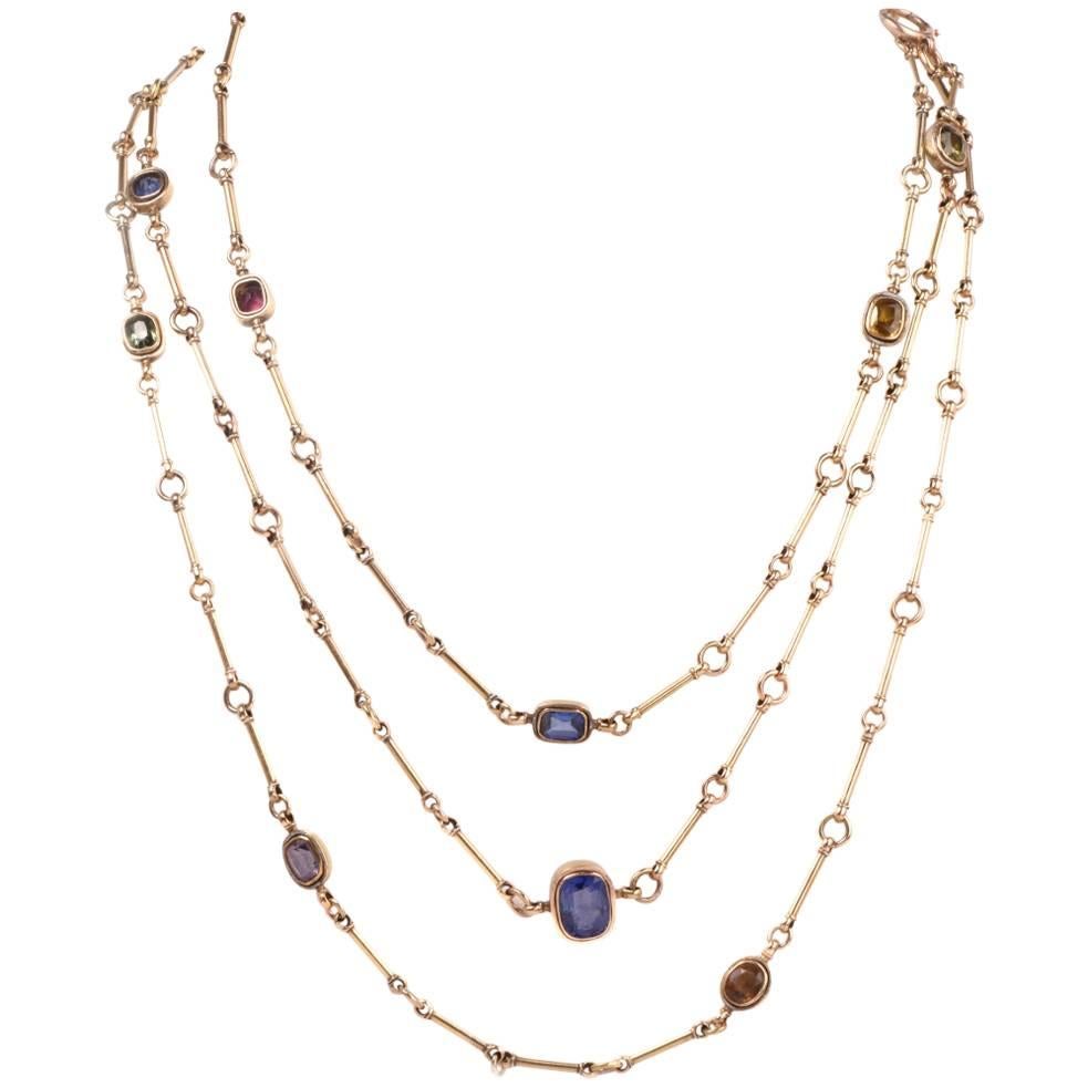 Antique Victorian No Heat Sapphire & Gems 64″ Long Gold Necklace