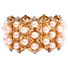 Wide Pearl Diamond 18K Gold Wide Bracelet 109.7 Grams 10