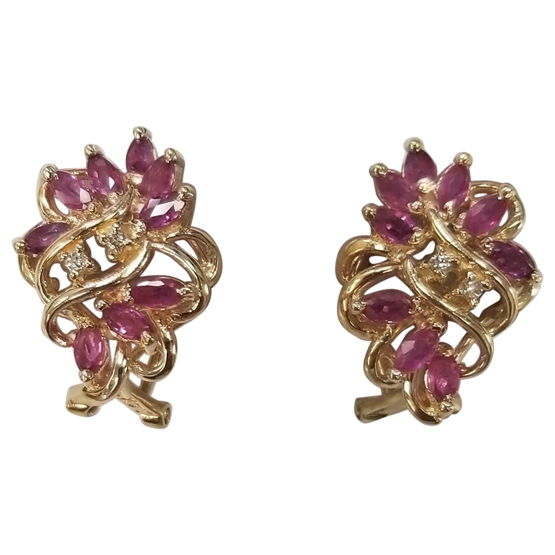 14k Yellow Gold Ruby and Diamond Cluster Earrings For Sale