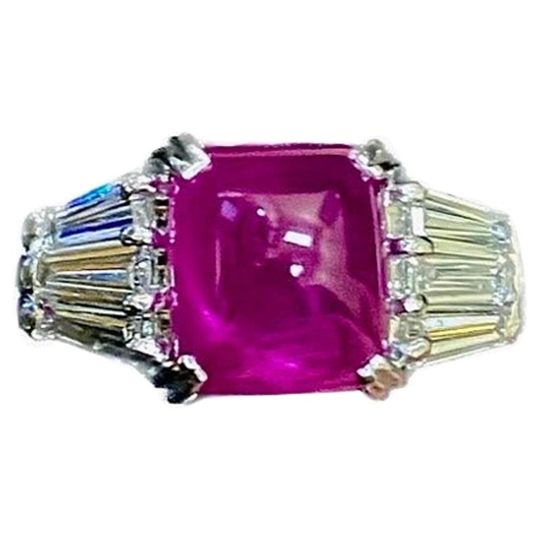 Platinum Baguette Diamond GIA Certified 4.35 Carat Sugar Loaf Burmese Ruby Ring For Sale