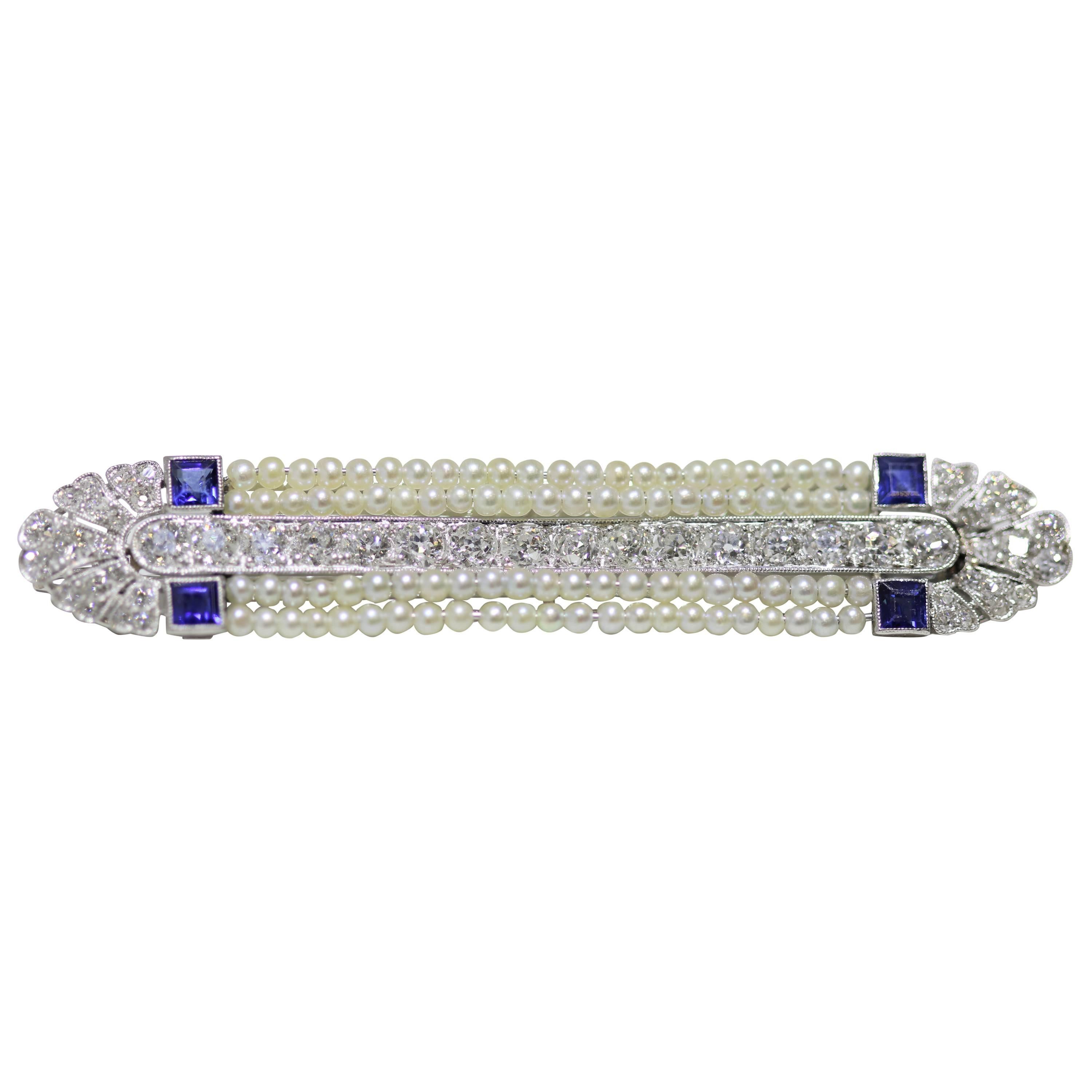 Platinum Art Deco Diamond, Sapphire and Seed Pearl Brooch For Sale