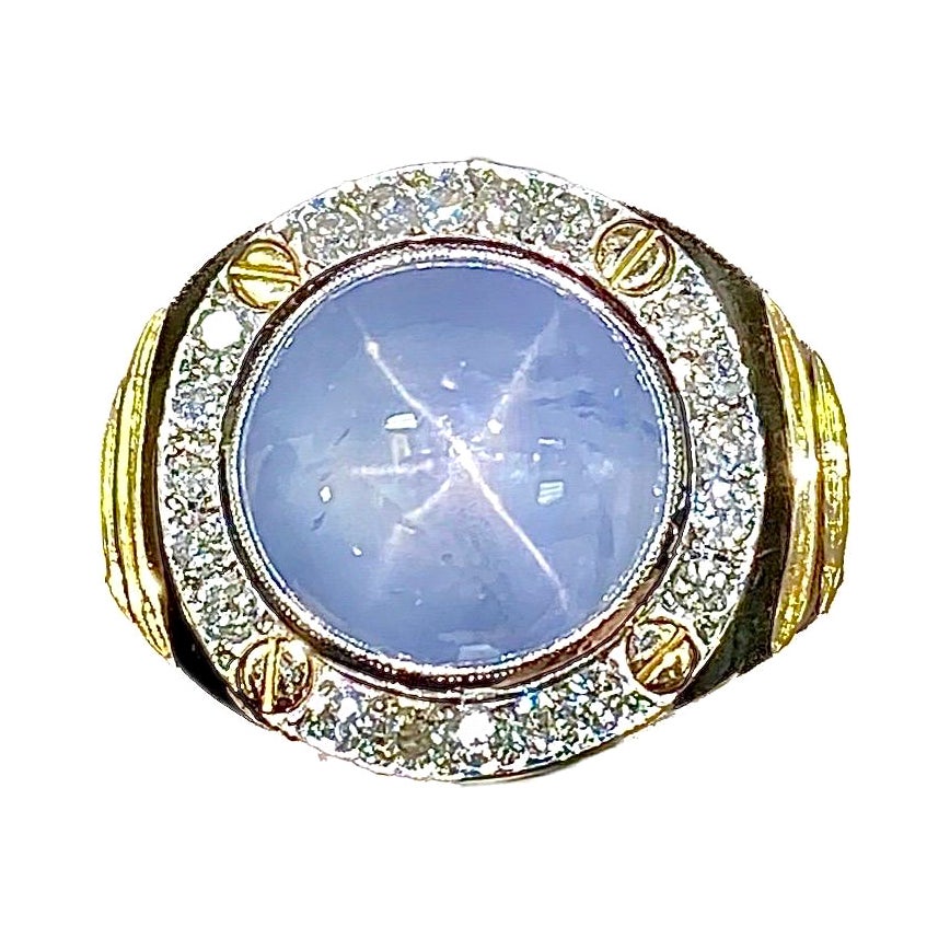 Men's Two Tone Platinum Diamond 18.80 Carat Star Blue Sapphire Ring For Sale