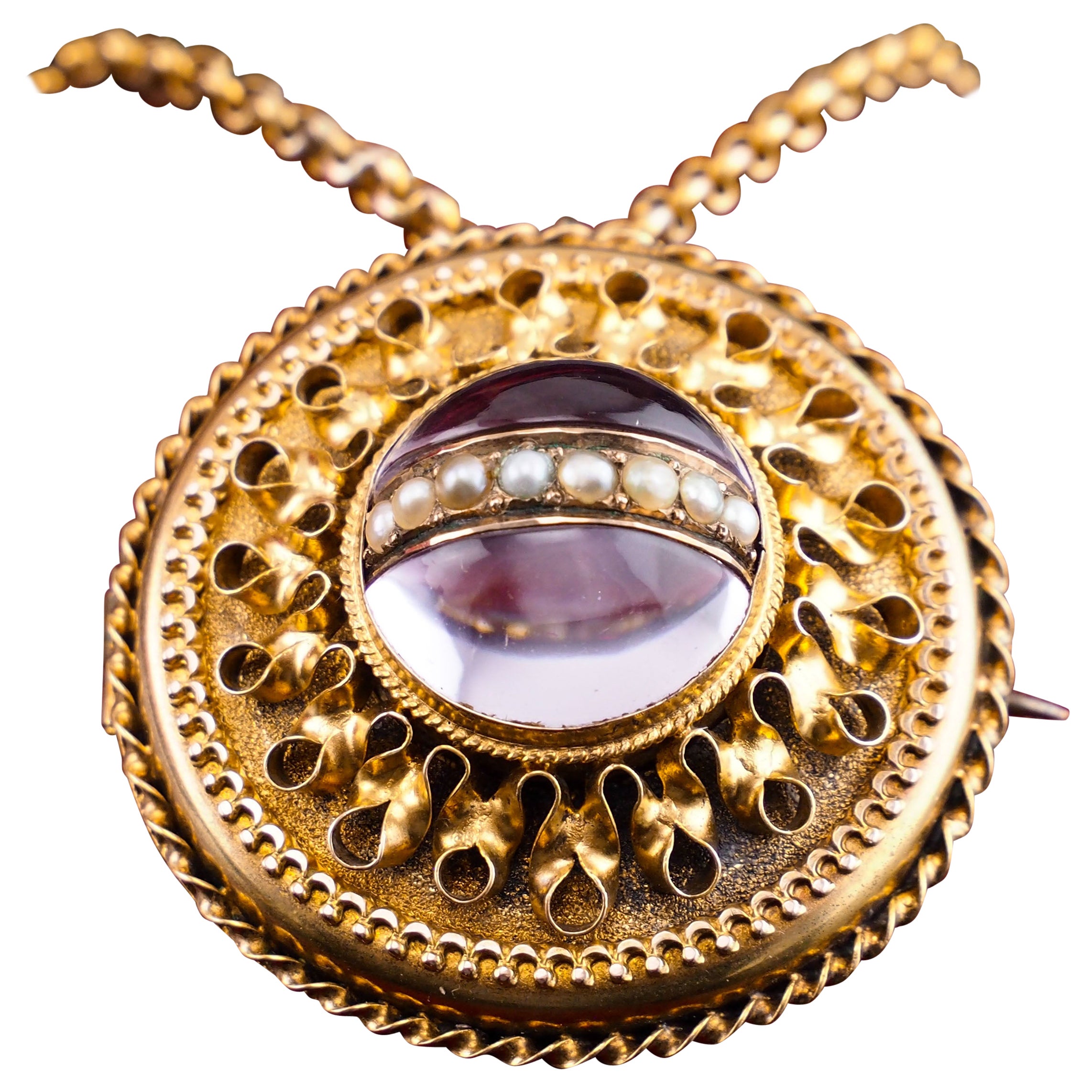 Antike viktorianische Halskette im etruskischen Stil, 15 Karat Gold Bergkristall-Anhänger, um 1870