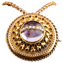 Antique Victorian Etruscan Style Necklace 15K Gold Rock Crystal Pendant c.1870