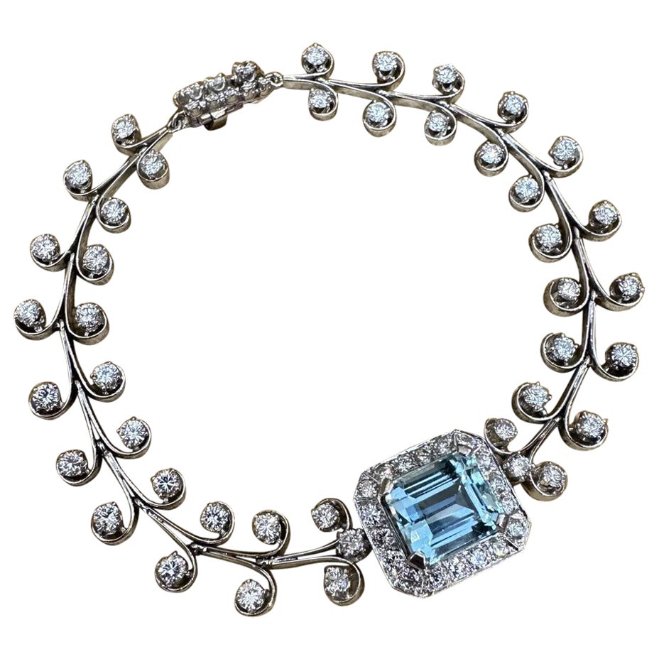 Bracelet vintage aigue-marine et diamant en platine 7.5 inches en vente