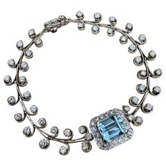 Bracelet vintage aigue-marine et diamant en platine 7.5 inches