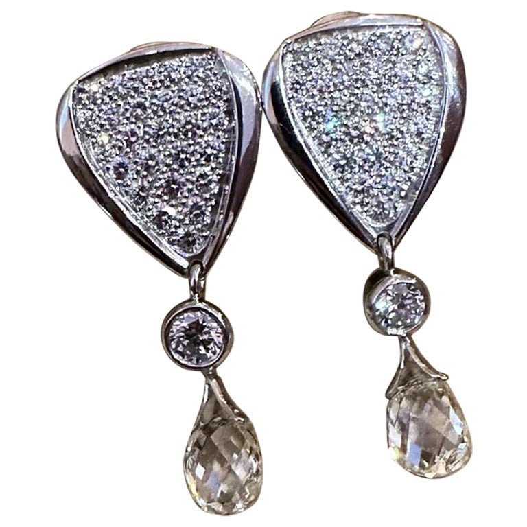 Susan Sadler Pavé Diamond & Briolette Drop Earrings in Platinum For Sale