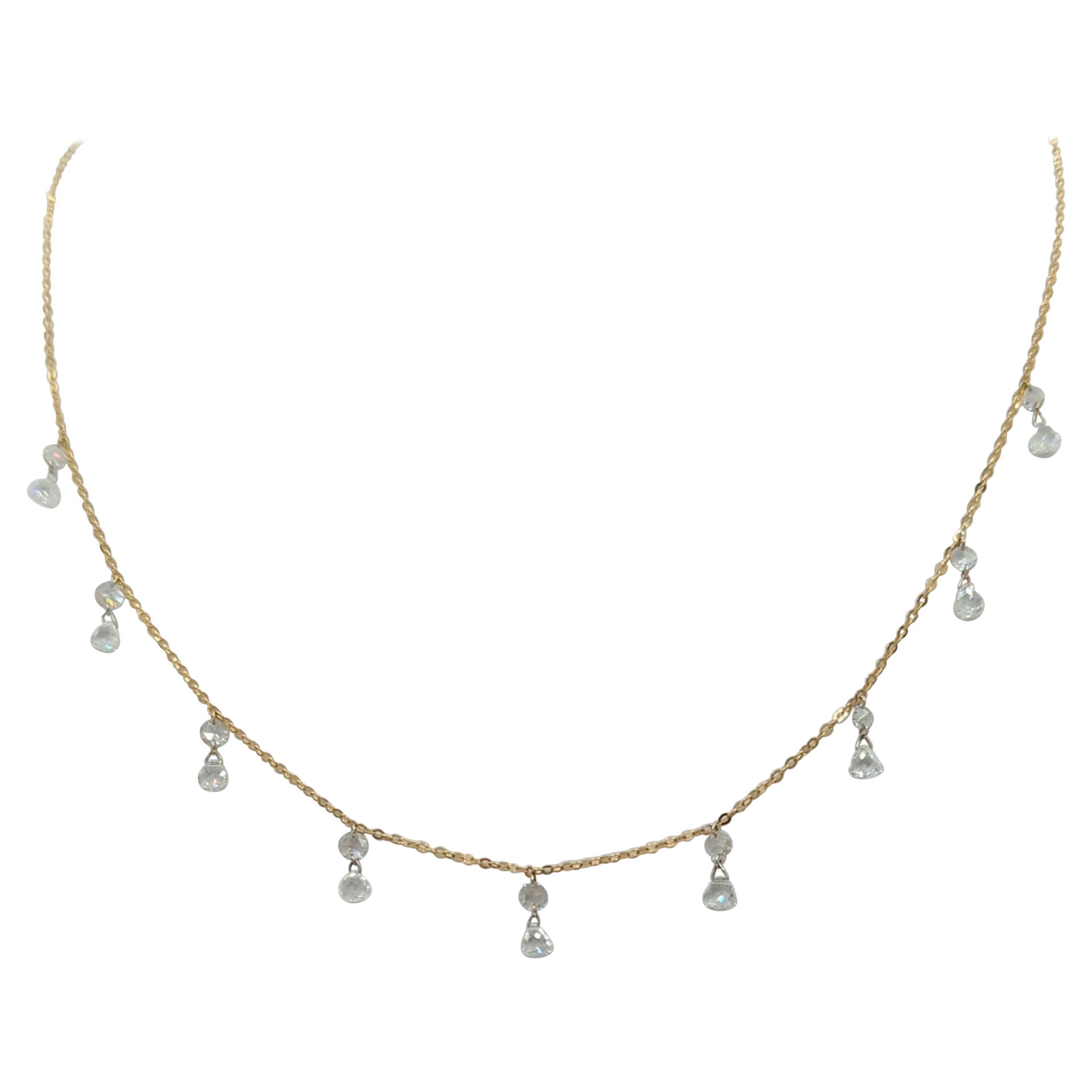 White Diamond Rose Cut Dangle Necklace in 18K Yellow Gold For Sale