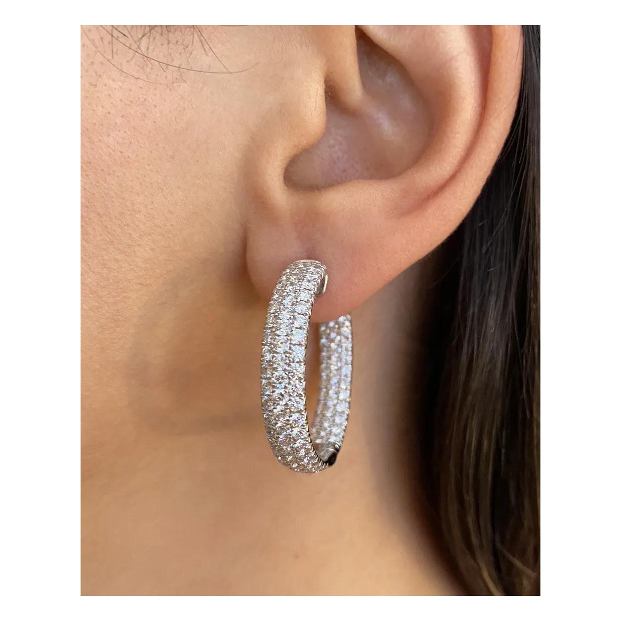 5.25 Carats Inside Out Round Pavé Diamond Large Hoop Earrings in 18k White Gold