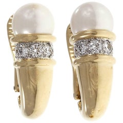 Gumps Cultured Pearl Diamond Gold Cornucopia Design Earrings  