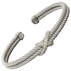 David Yurman Sterling Silver Diamond "X" Double Cable Cuff Bracelet