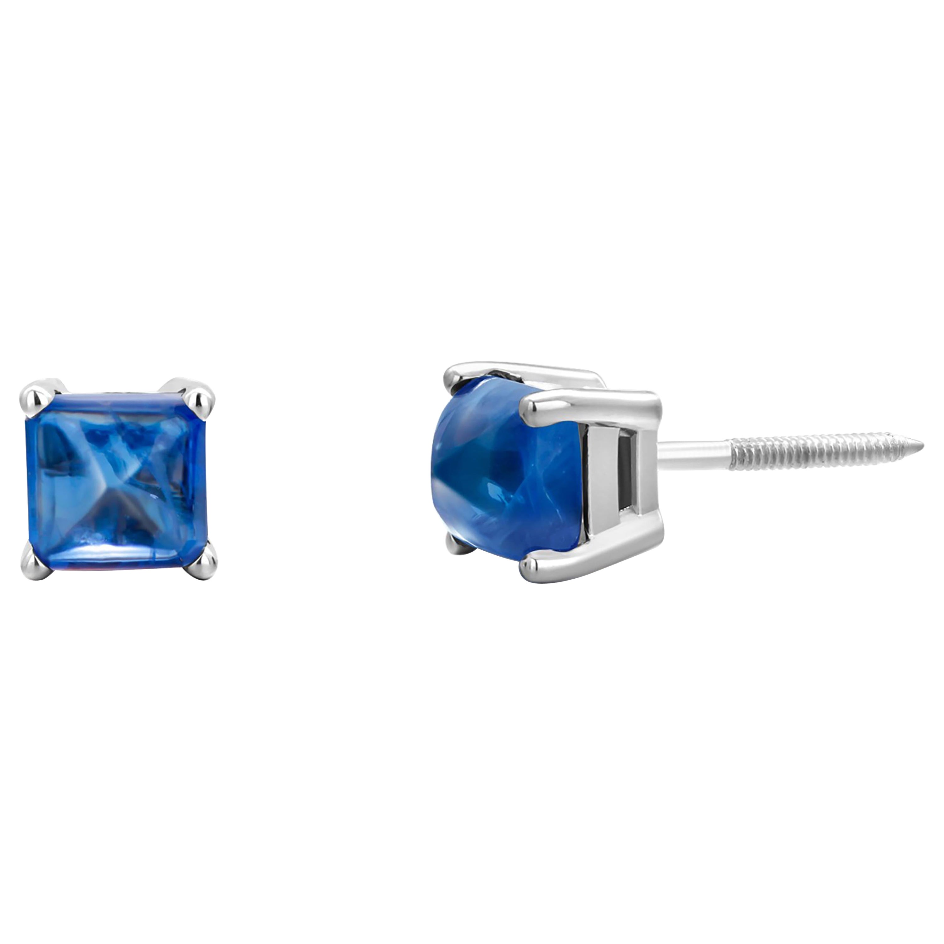 Sugarloaf Ceylon Cabochon Sapphire 2.70 Carat 0.25 Inch White Gold Stud Earrings For Sale