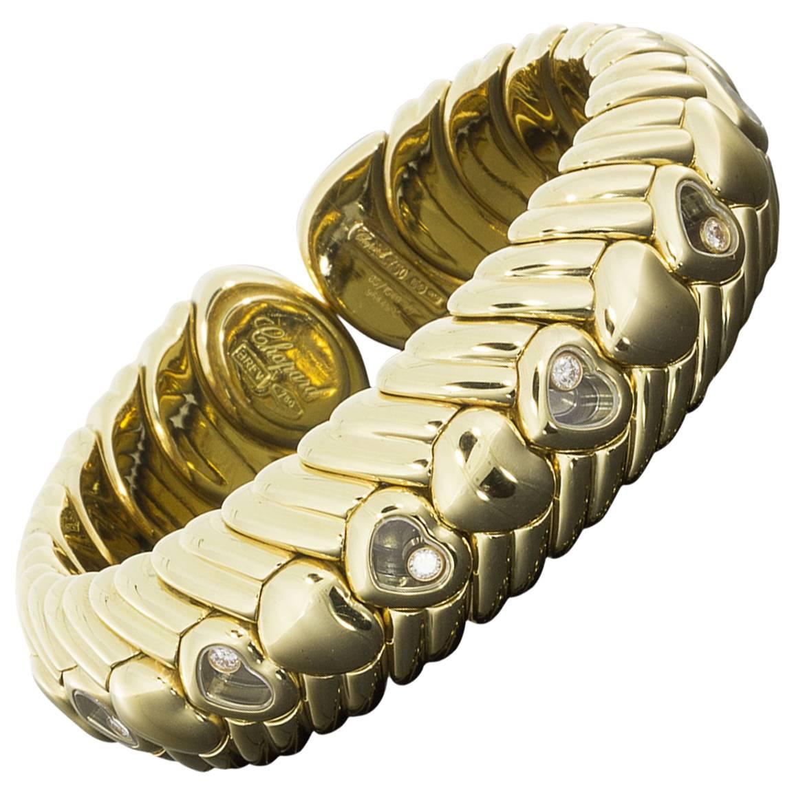 Rare Chopard 18 Karat Yellow Gold Happy Diamonds Heart Flex Bangle Bracelet For Sale