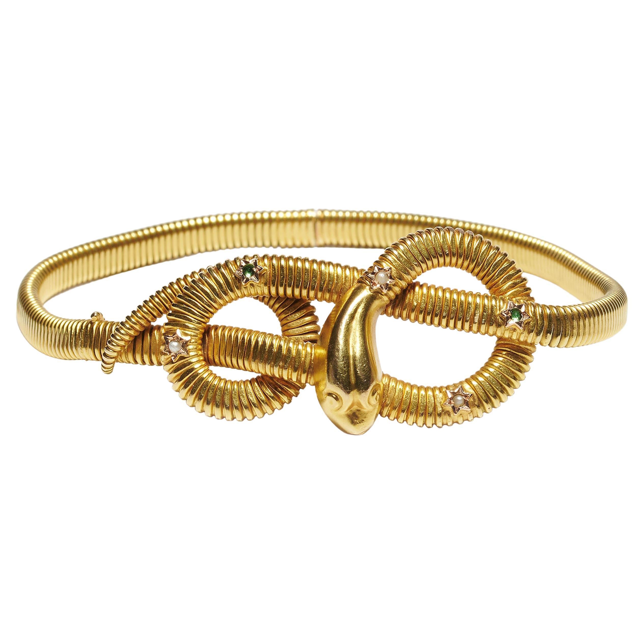 Bracelet serpent italien en perles, émeraudes et or, circa 1940 en vente