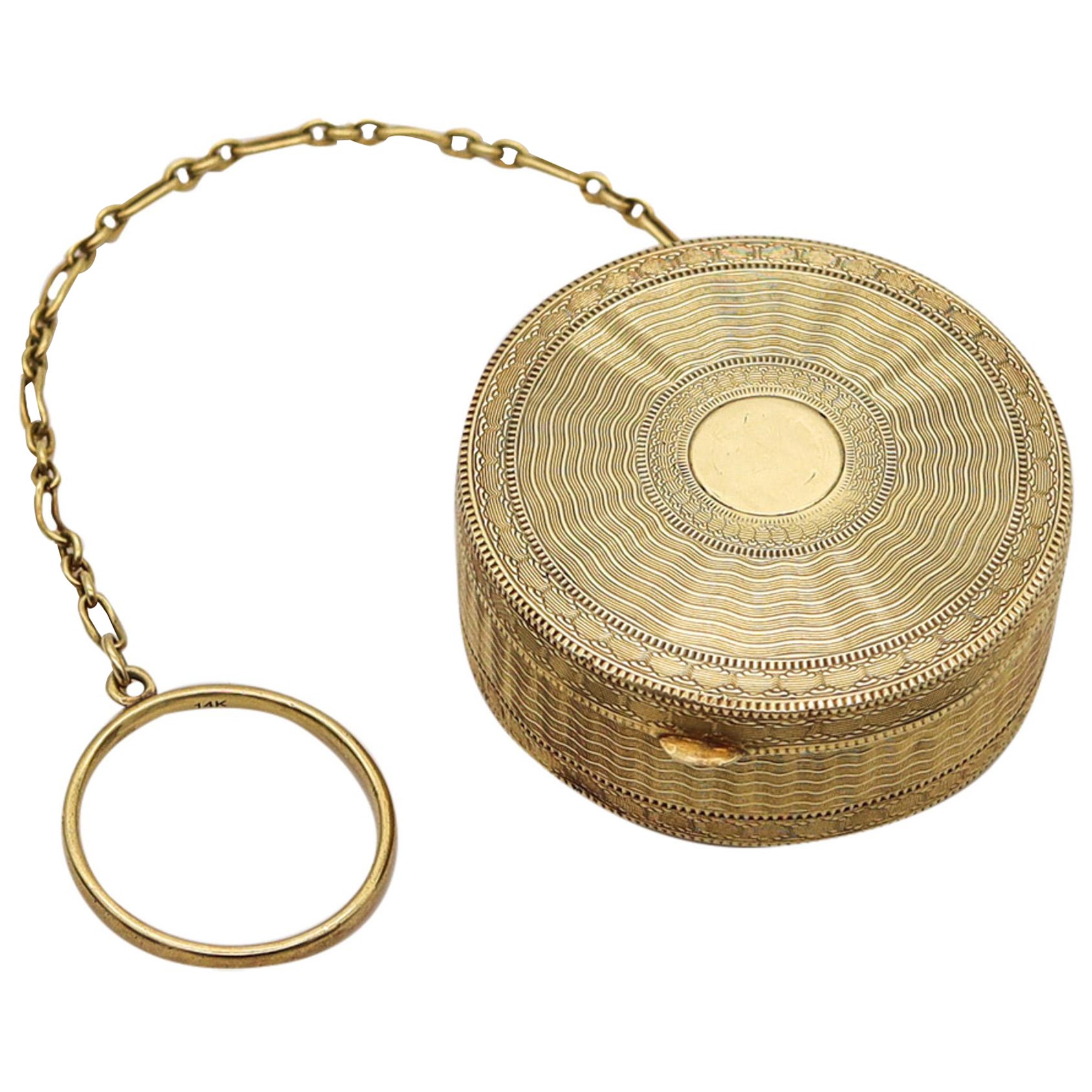 Tiffany & Co. 1910 Edwardian Guilloché Round Pill Box In 14Kt Yellow Gold