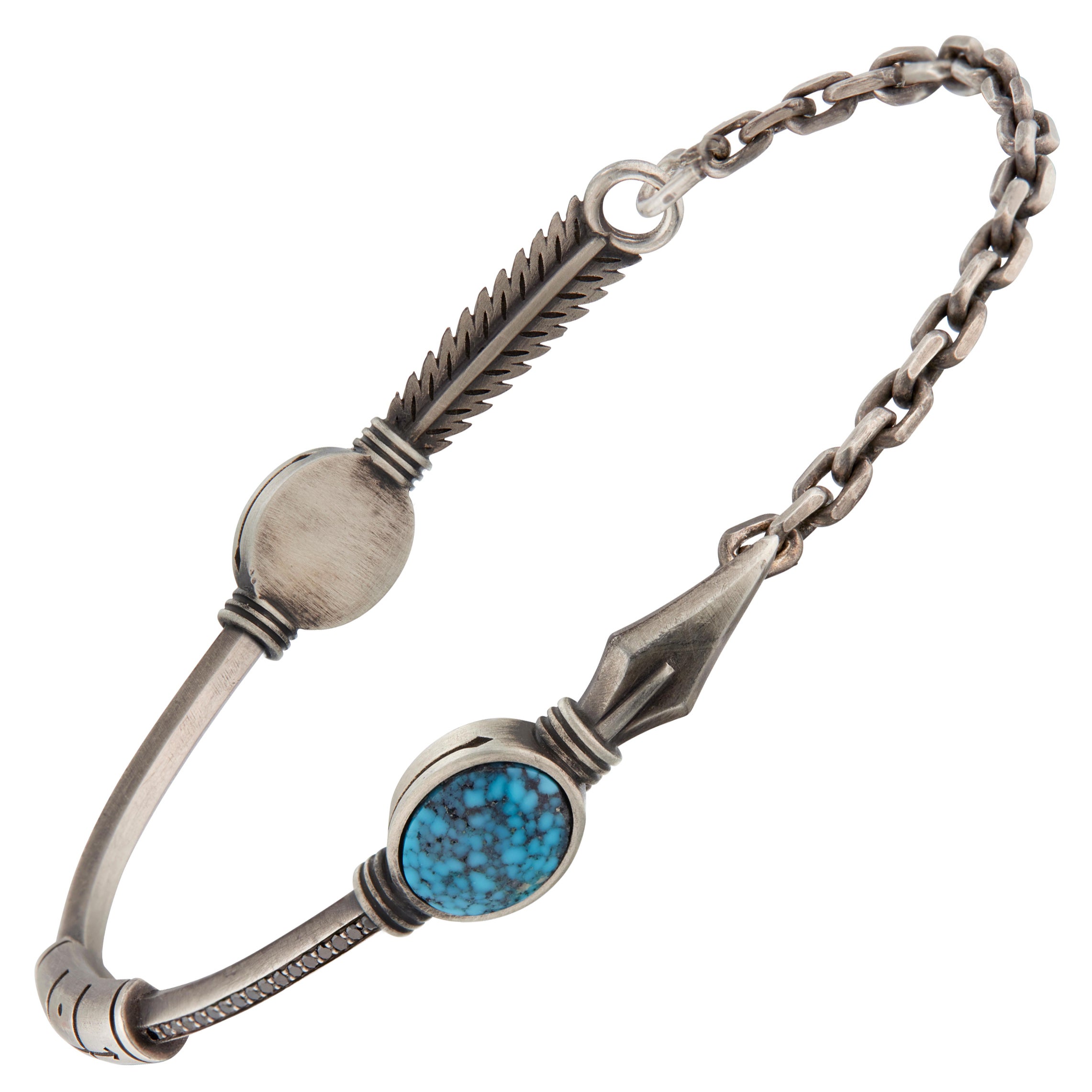 Turquoise et diamant noir Plume - Arrow 3/4 Bracelet manchette Argent oxydé en vente