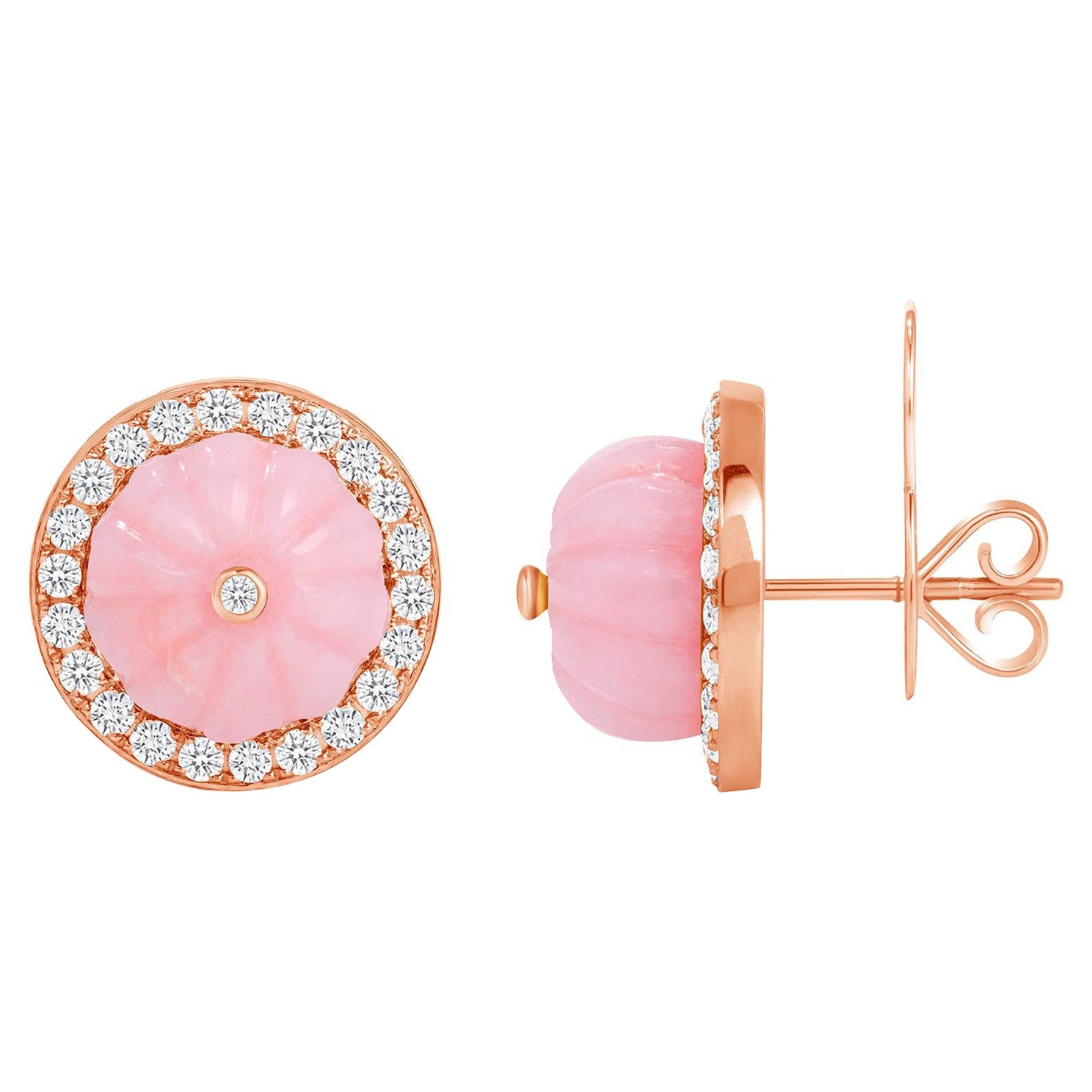 14K Rose Gold Lux Art Deco Lux Diamond & Carved Pink Opal Earring For Sale