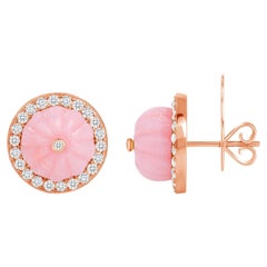 14K Rose Gold Lux Art Deco Lux Diamond & Carved Pink Opal Earring