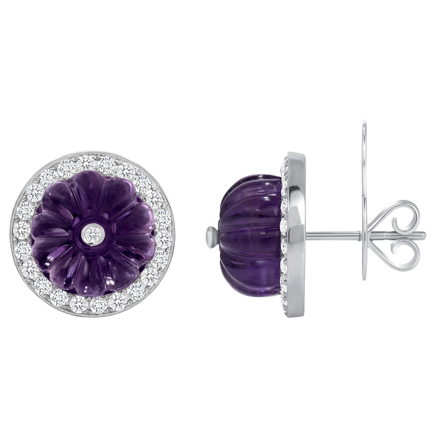 14K White Gold Lux Art Deco Lux Diamond & Carved Amethyst Earring For Sale