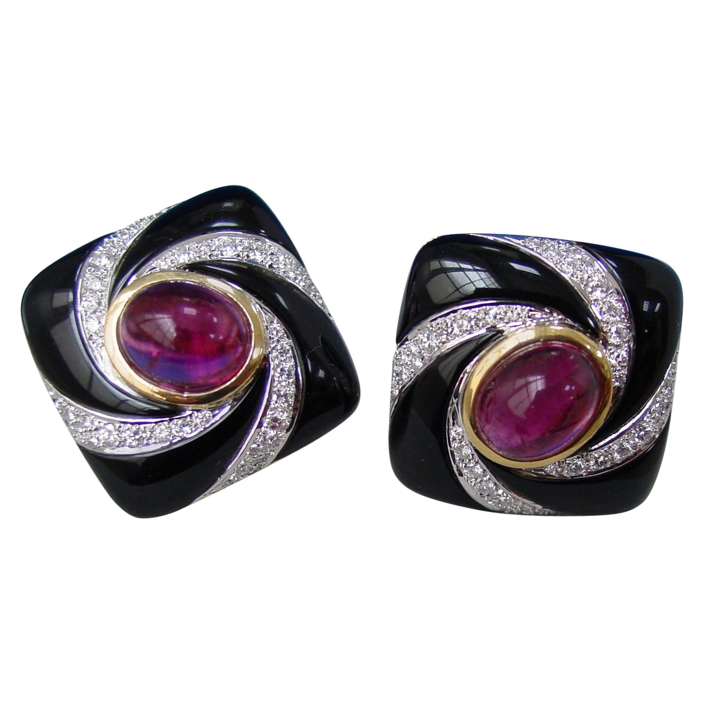 Tourmaline, Onyx and Diamond Earrings For Sale