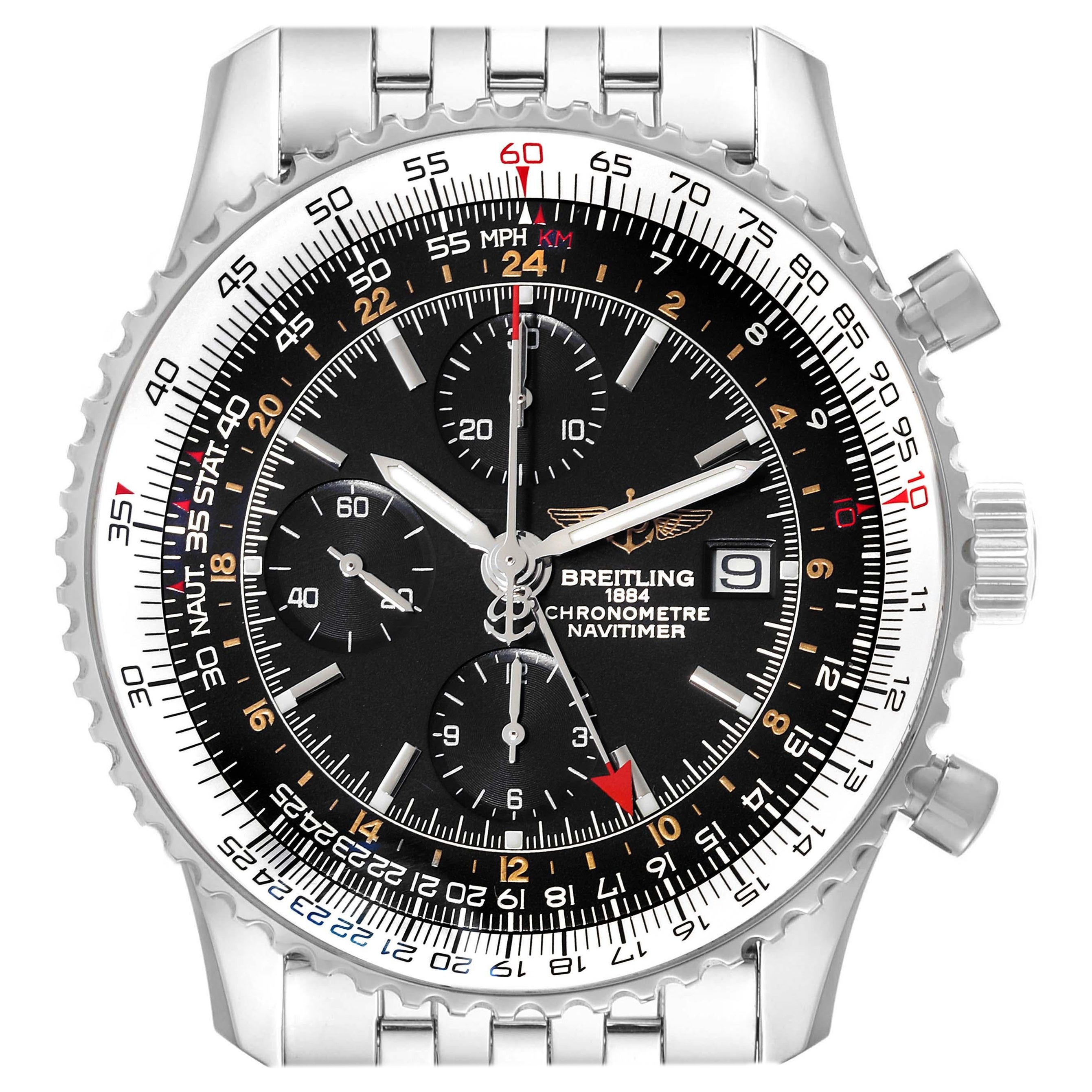 Breitling Navitimer World Black Dial Steel Mens Watch A24322 Box Card For Sale