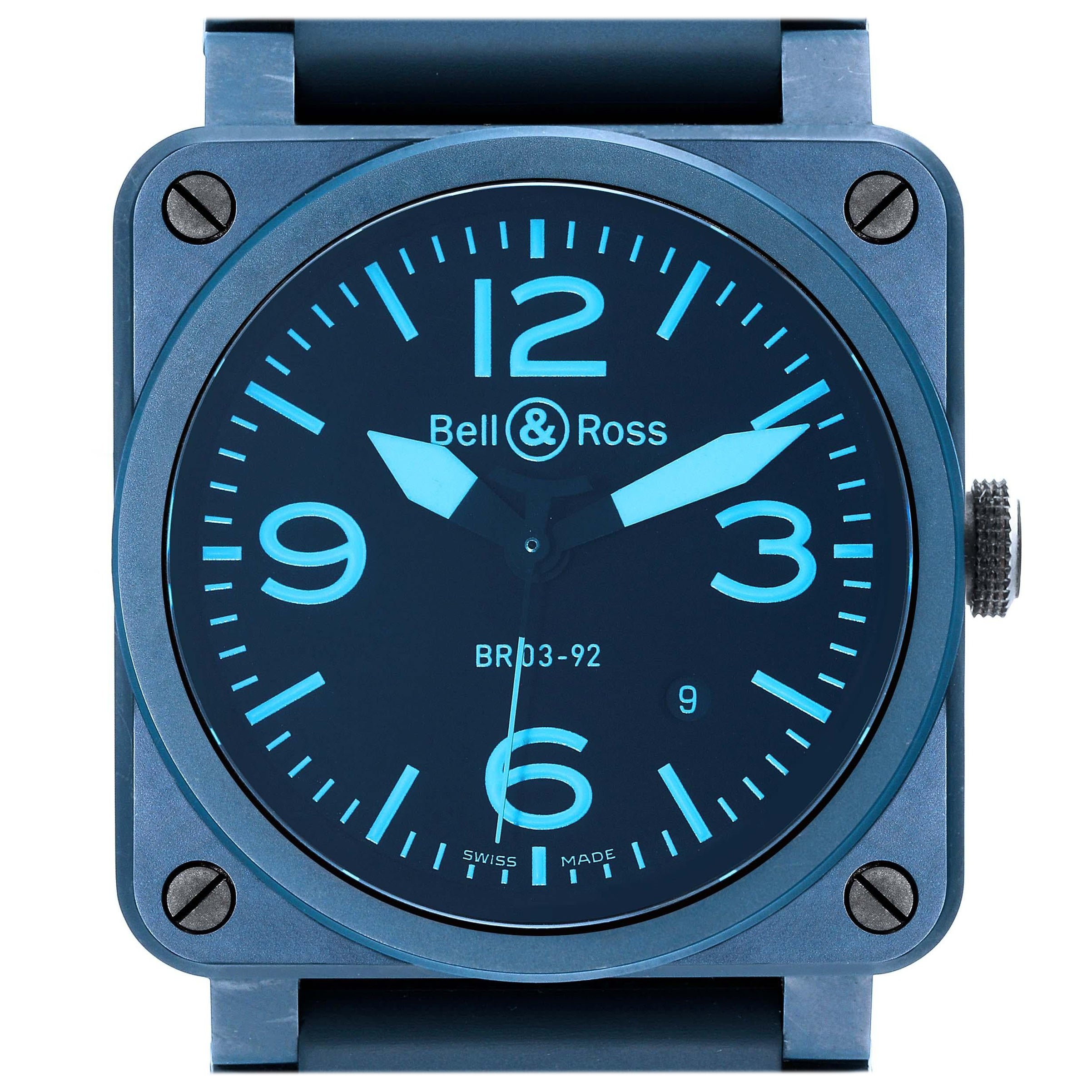Bell & Ross Aviation Blue Ceramic Mens Watch BR03-92 Box Card For Sale