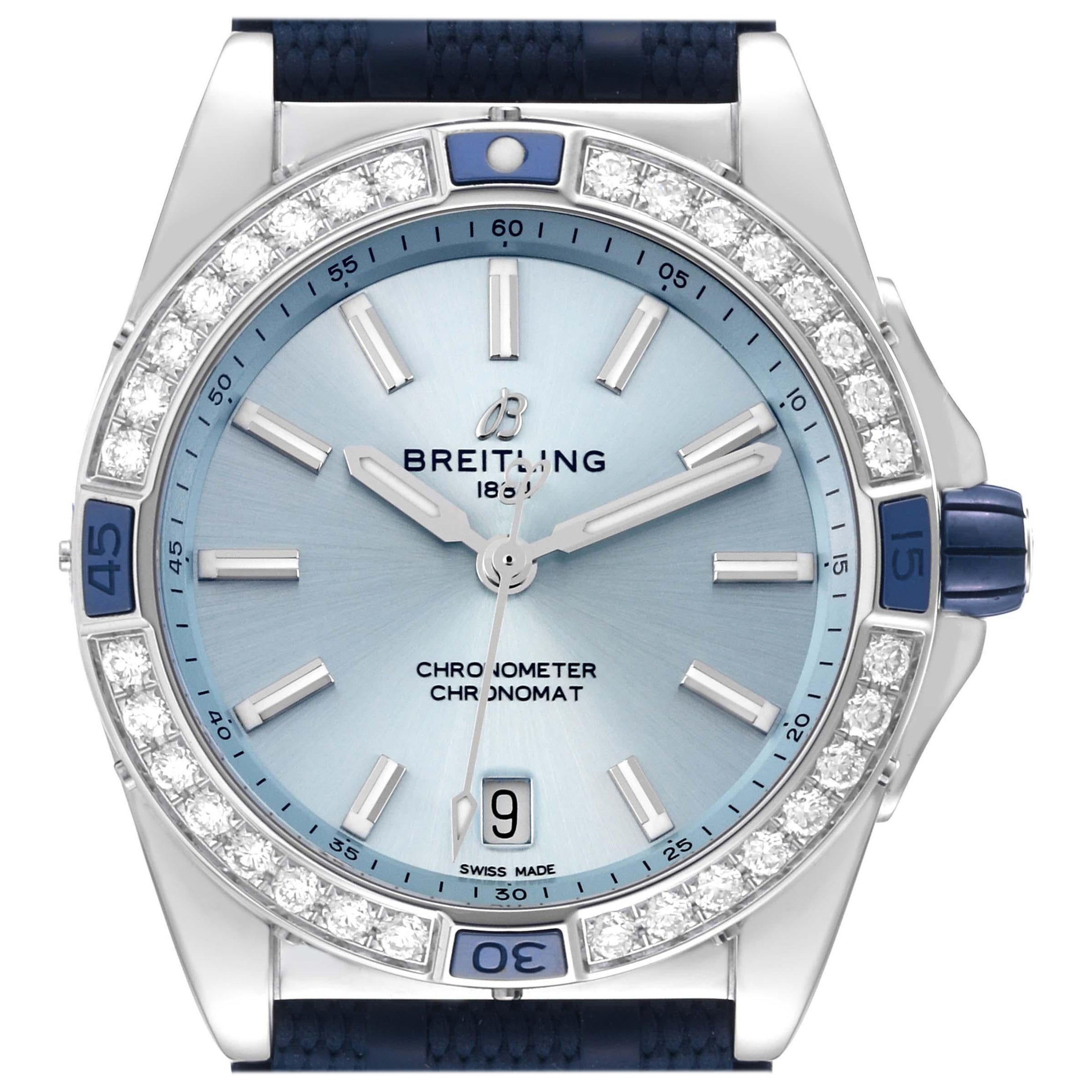 Breitling Super Chronomat Blaues Zifferblatt Stahl-Diamant-Damenuhr A17356 Ungetragen
