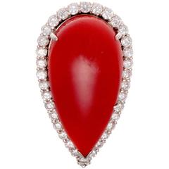 Large Ox Blood Coral Diamond Gold Ring
