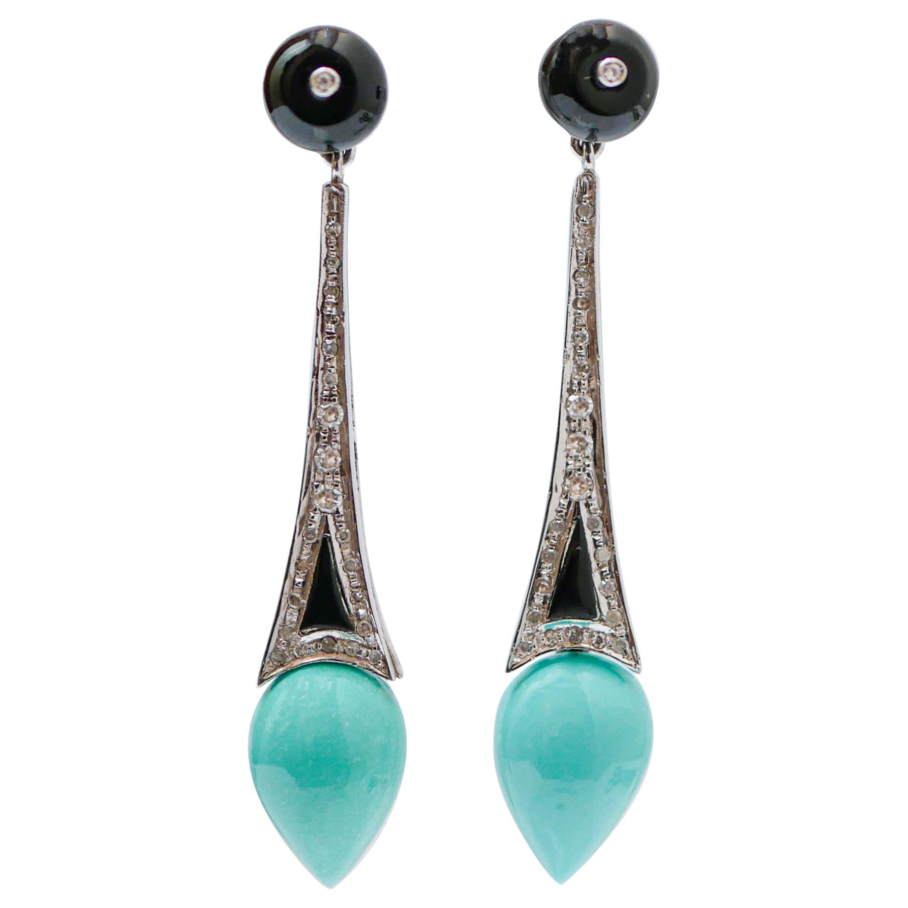 Turquoise, Onyx, Diamonds, Platinum Dangle Earrings. For Sale