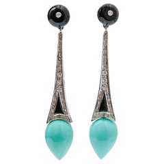 Turquoise, Onyx, Diamonds, Platinum Dangle Earrings.