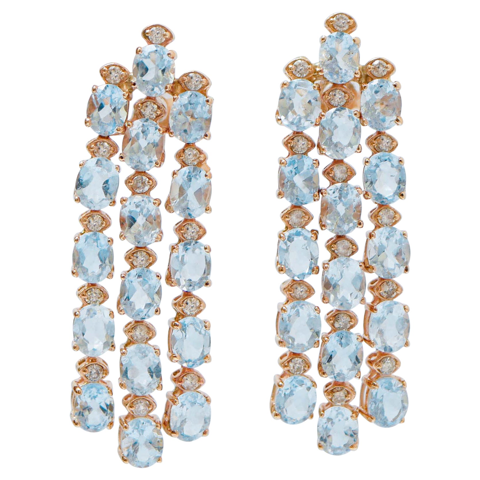 Aqumarine Colour Topazs, Diamonds, 14 Karat Rose Gold Earrings. For Sale