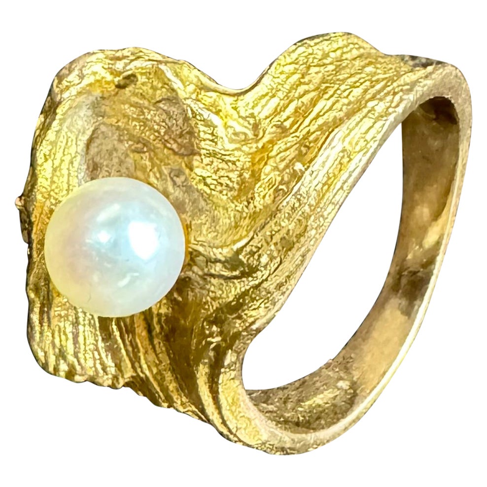 14 Karat Gold Pearl Ring Helky Juvonen Design Finland Lapland Magic For Sale