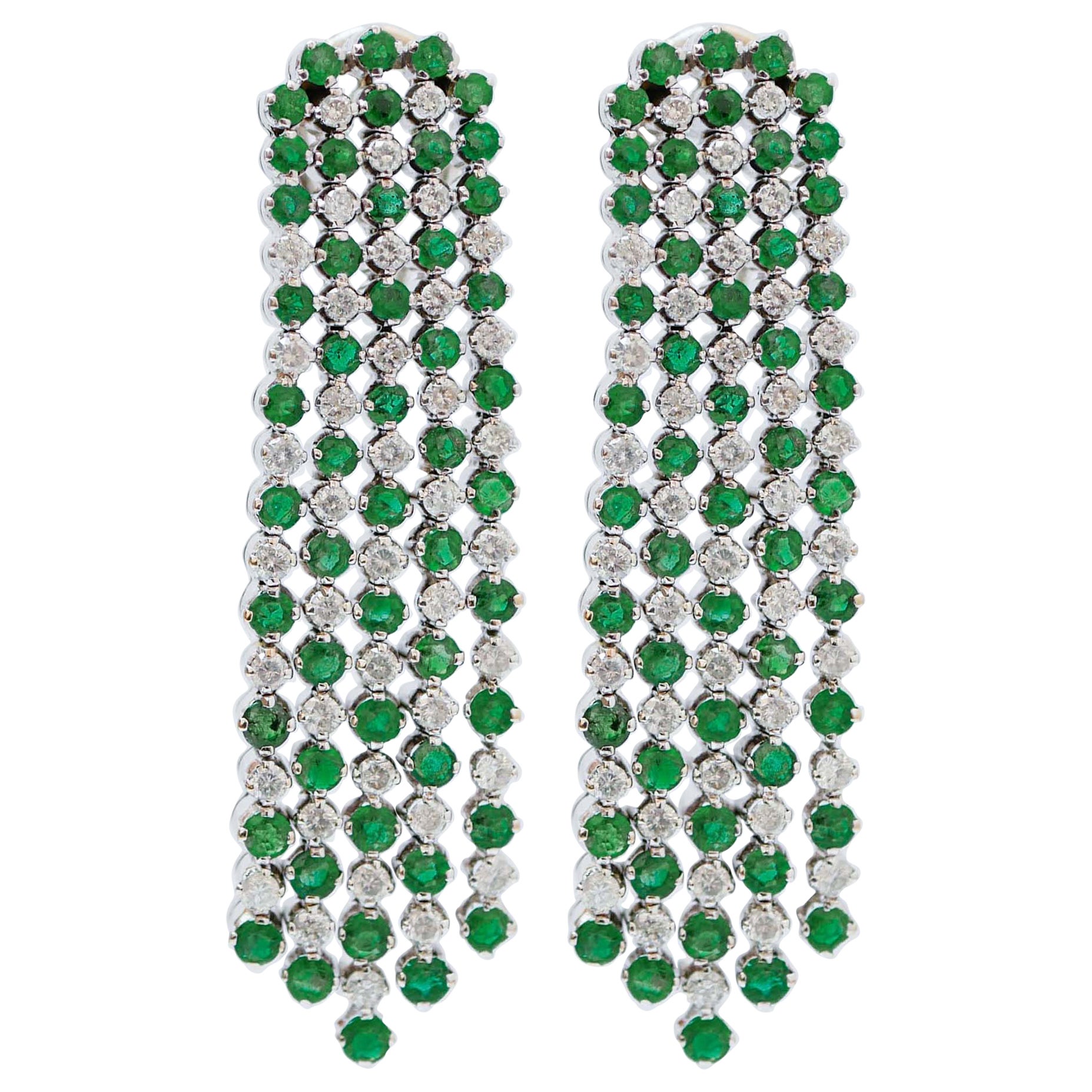 Emeralds, Diamonds, 18 Karat White Gold Earrings. For Sale